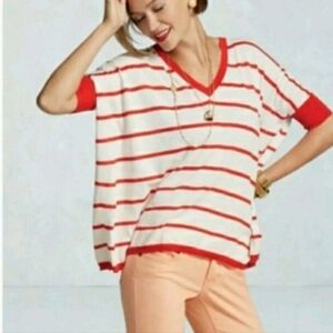 CAbi S Bon Voyage Oversized Red White Striped V-Neck Sweater